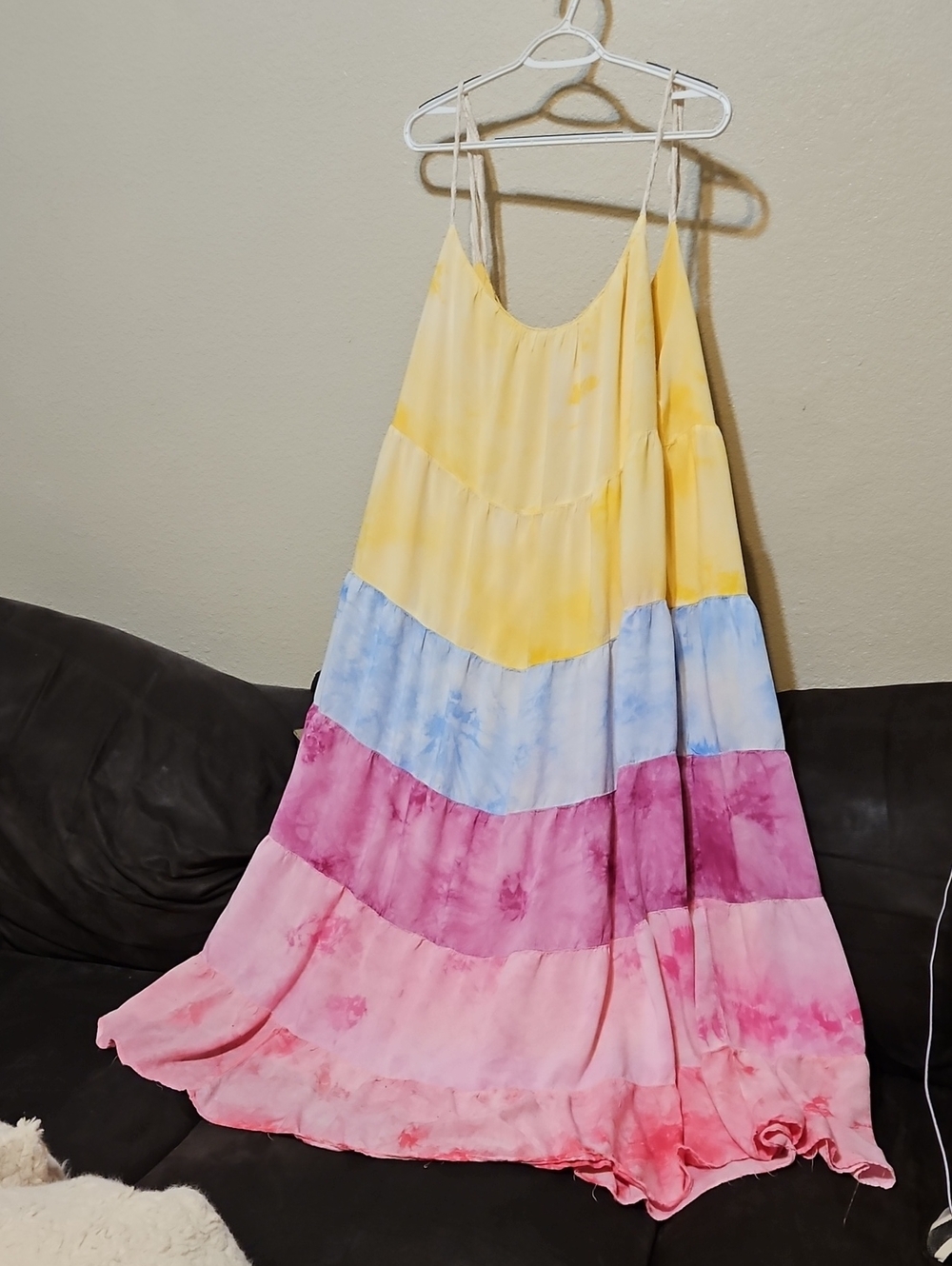white birch Yellow Blue Pink Ombre Tiered Maxi Dress